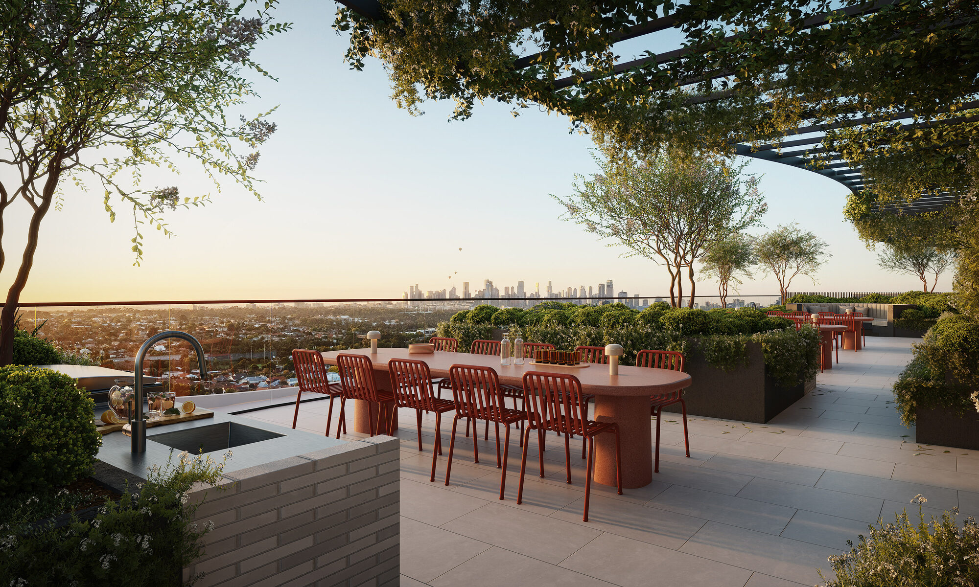 Rooftop terrace with views to the city skyline, artist impression