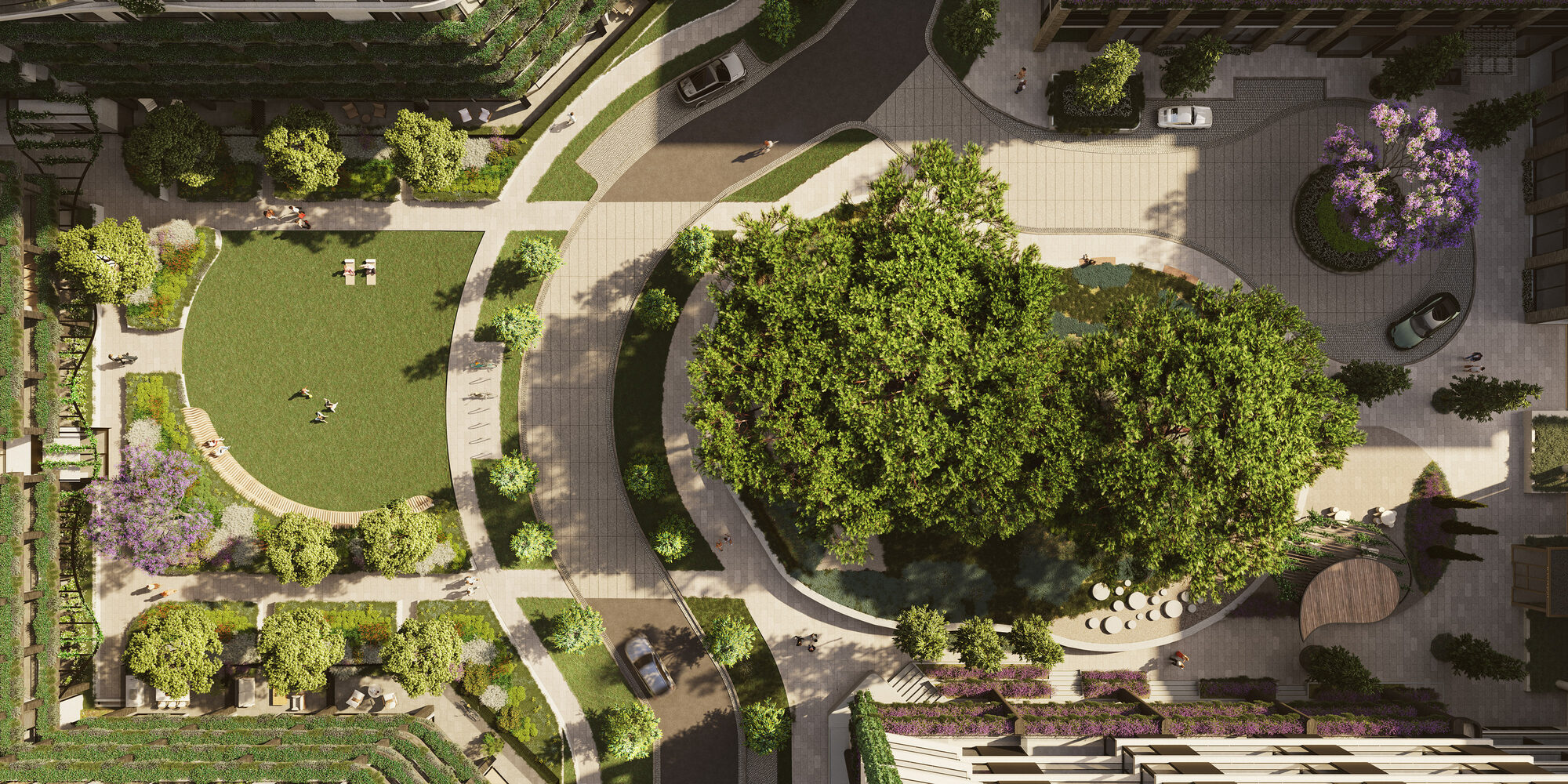 Birds-eye view over Stone Pine Square at Moonee Valley Park, artist impression